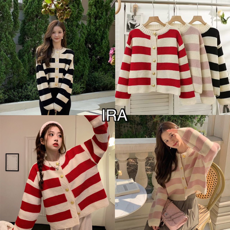 BY IRA GREAT BKK Cardigan เสื้อกันหนาวไหมพรม ลายทางสลับสี กระดุมปั้มนู้ดสีทอง ผ้าหนานุ่ม เกรดพรีเมี่ยม 3สี พร้อมส่ง