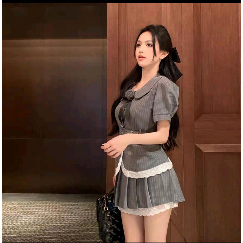 (รอบใหม่ผ้าดีกว่า)ชุดเซ็ทนำเข้าสไตล์เกาหลี น่ารักมาก แถมเข็มขัด S M