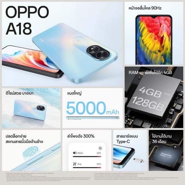 [สินค้าใหม่] Oppo A17 4/64 | A18 4/128 จอแสดงผล IPS-LCD 24-bit (16 ล้านสี) กว้าง 6.56 นิ้ว Helio G35
