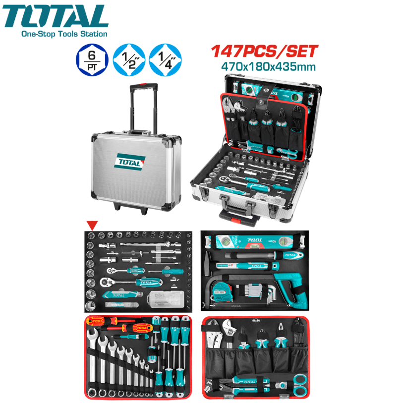 TOTAL ชุดเครื่องมือช่าง 147 ชิ้น มาพร้อมกระเป๋าอลูมิเนียม รุ่น THKTHP21476 (147 Pcs Hand Tools Set )