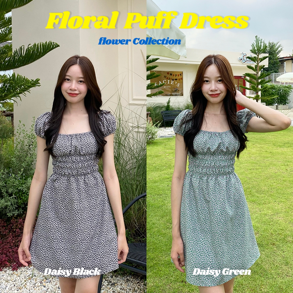 Floral Puff Dress มินิเดรสลายดอกไม้ ดีเทลแขนพอง