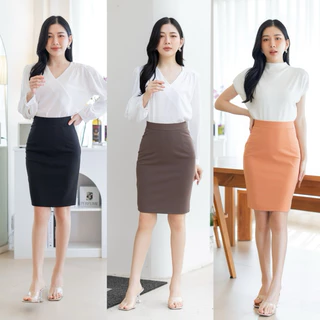 🍉กระโปรงทำงาน ผ้าโรเชส ยาว 22 นิ้ว ผ่าหลังแหวก Sz.S-3XL กระโปรงทรงเอ-ทรงสอบ