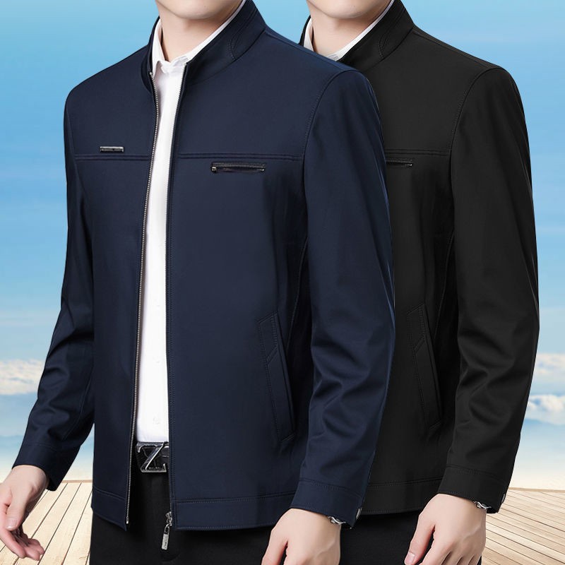 เสื้อแจ็คเก็ตทรงหลวมสำหรับผู้ชายวัยกลางคนและผู้สูงอายุ สไตล์ลำลองสำหรับธุรกิจ สีทึบ แขนยาว การออกแบบซิป พลัสไซส์ 3XL
