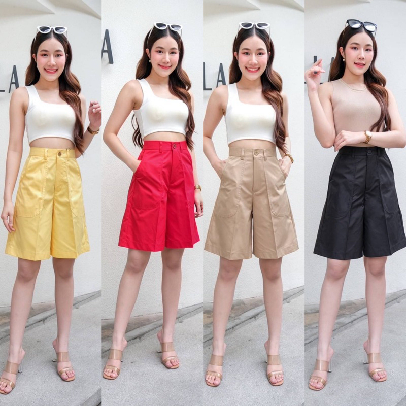 กางเกงเอวสูงขา3ส่วนทรงเอตะขอหน้าแต่งกระเป๋าโค้งเก๋ๆเก็บทรงสวยM-3XL✅