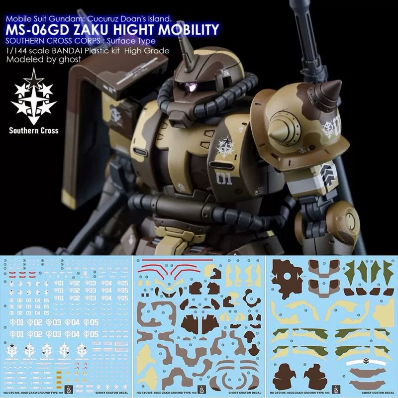 ⬛️ดีคอลน้ำ GHOST HG GTO DECAL MS-06GD ZAKU GROUND TYPE 1 ชุด มี 3 แผ่น เรืองแสงแบล็คไลฟ์