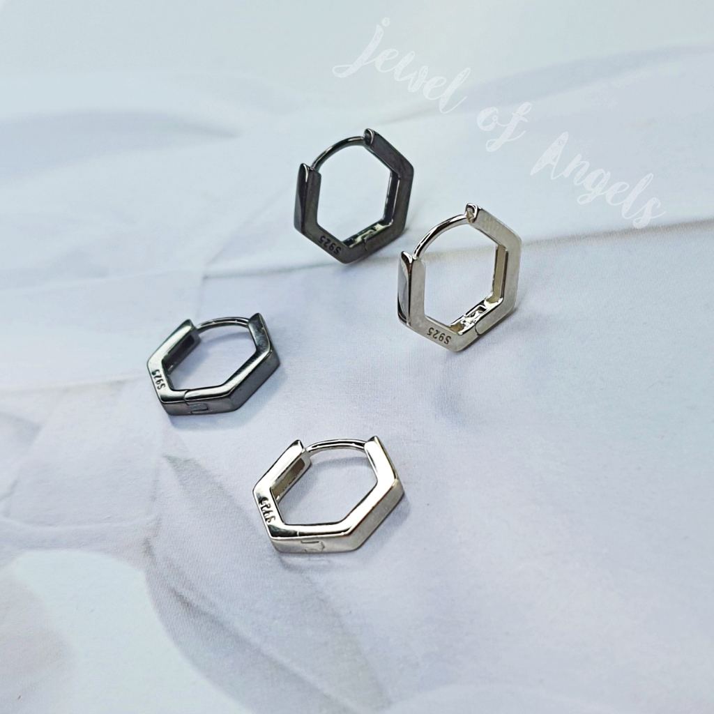ต่างหูห่วงเงินแท้ S925 รุ่น Hexagon ห่วงหกเหลี่ยมมินิมอล สีเงิน สีดำ ตุ้มหูเงินแท้ทั้งชิ้น Silver925