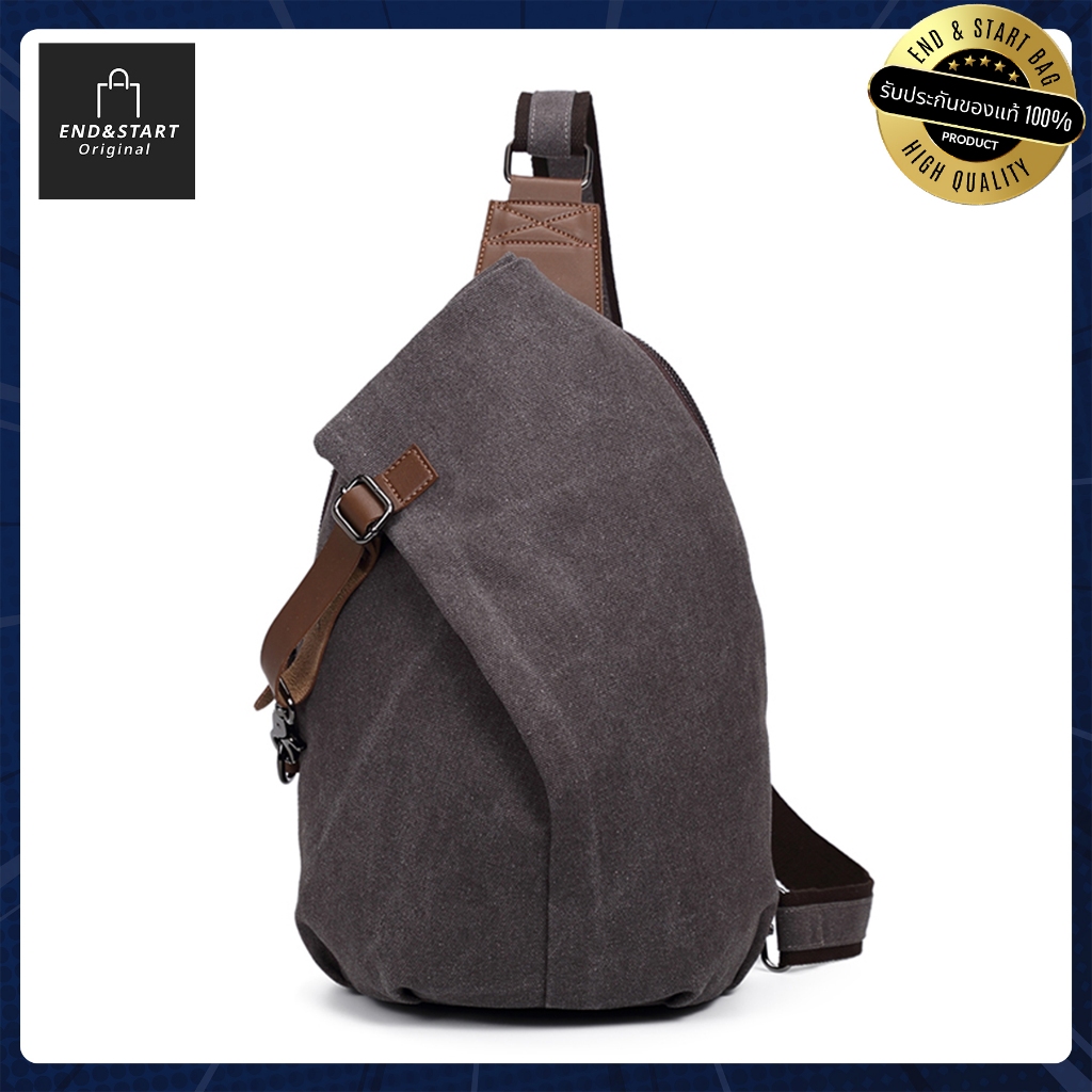 BAGB025BR สีน้ำตาล กระเป๋า END&START ผ้า CANVAS เนื้อผ้าหนา มีช่องด้านหลัง ใส่ i