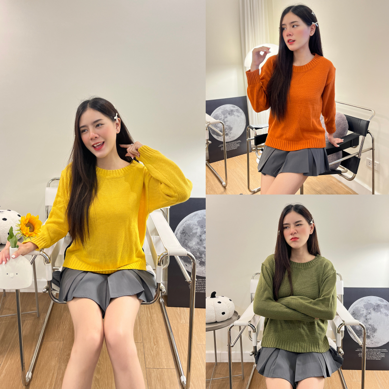 🌈SpinnyHouse🌈เสื้อกันหนาวแขนยาว ผ้าไหมพรม ผ้าหนานุ่ม 🪐 ใส่สบายไม่คัน รุ่น ป้ายฟ้า B-049-4-A