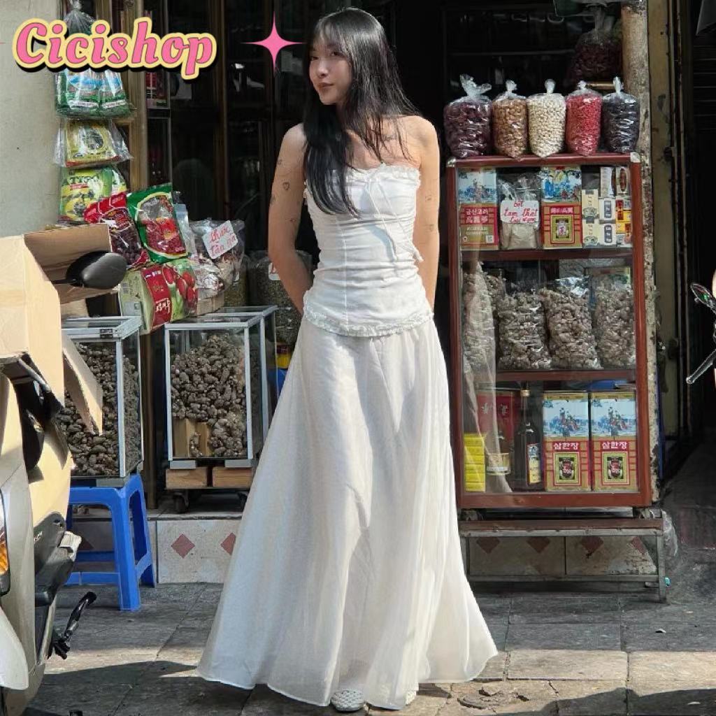 Cicishop(K2180K/3202)SET2ชิ้น เกาะอกสม็อกหลัง+กระโปรงยาวซิปข้าง ผ้าคอตตอน มีซับใน ดูเรียบง่ายใส่สบาย สไตล์สาวเวียดนาม