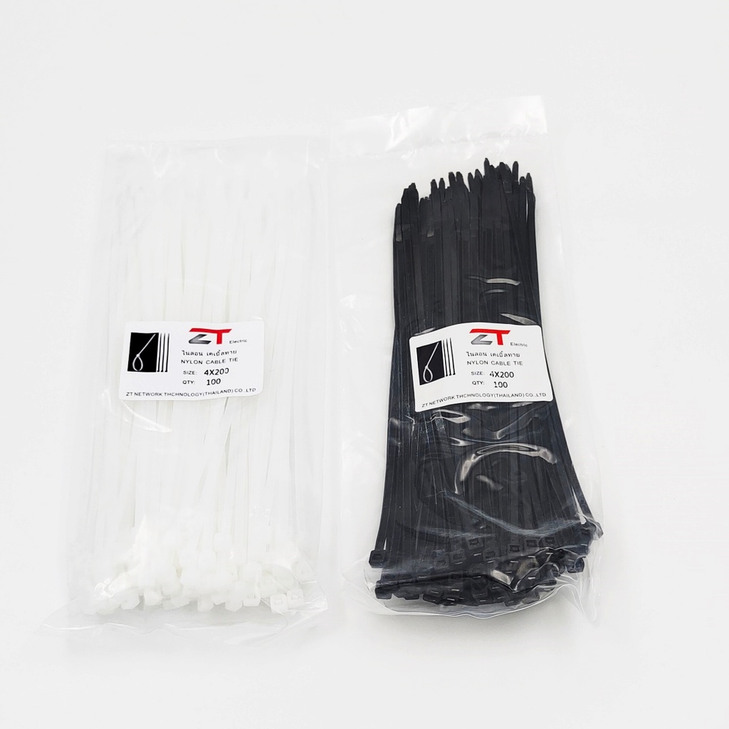 NYLON CABLE TIE ไนล่อน เคเบิ้ลไทร์ ขนาด:4x200mm. ความยาว 200mm(8นิ้ว). ความกว้าง 4mm.สี: ขาว/ดำ แพ็คละ100เส้น พร้อมส่ง