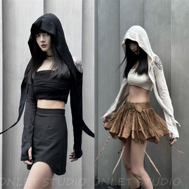 [H3]พร้อมส่งในไทย (สีดำ/ขาว/ครีม)y2k เสื้อคลุมฮูด เสื้อครอปแขนยาวมีหมวกฮูด สไตล์สตีทโคฟเวอร์
