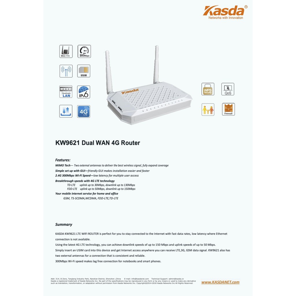 4G Router KASDA (KW9621B) N300 (Lifetime Forever)  เร้าเตอร์ 4G Router ใส่ Sim รองรับซิมทุกเครือข่าย