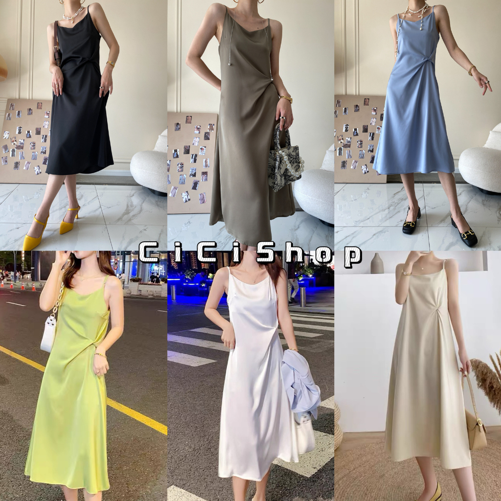 cicishop(2090)เดรสสายเดี่ยวปรับสายได้ ผ้าซาติน ดีเทลเย็บจีบตรงมุมเอว ใส่สบายไม่ร้อน