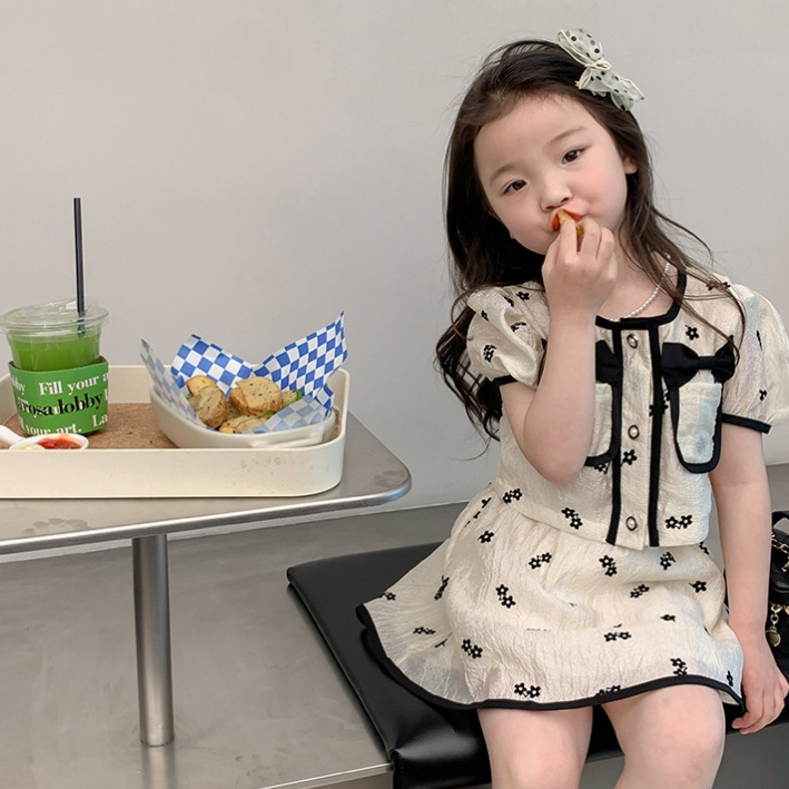 Babyonline(Y253)H2 ชุดเซ็ตเสื้อแขนสั้นพร้อมกระโปรงลายดอกไม้สไตล์เกาหลีสำหรับเด็กผู้หญิงสุดน่ารัก ผ้านิ่ม