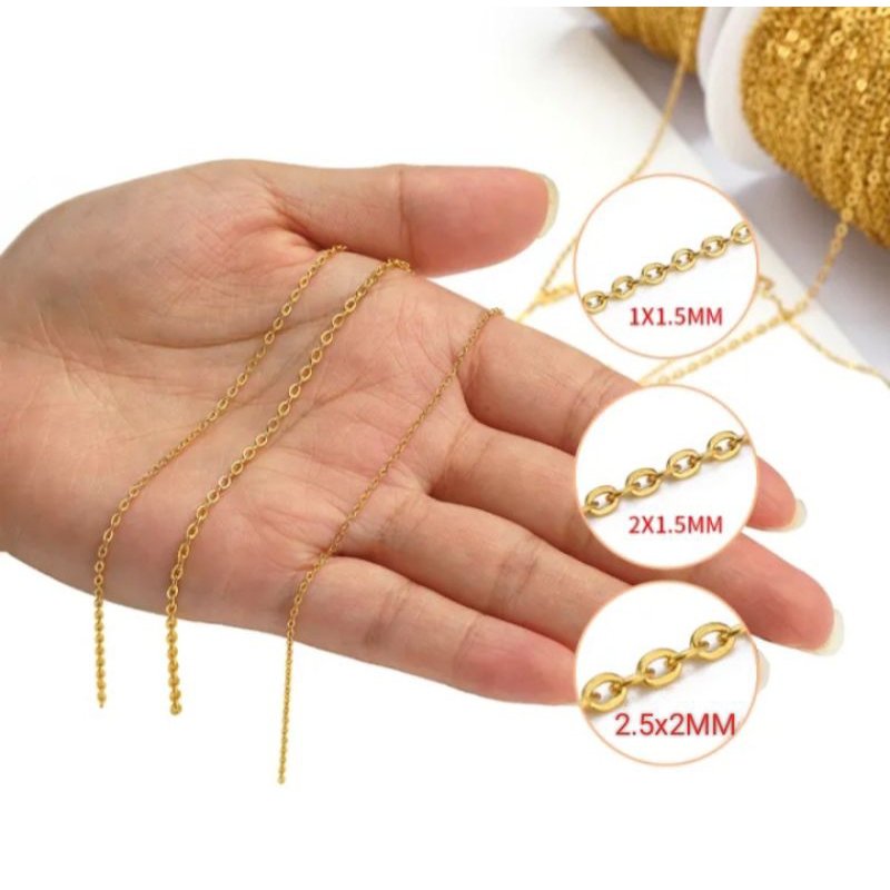 โซ่สเเตนเลส ชุปทอง  ยาว 1-5 ม. สีสเเตเลส ชุดทอง สําหรับทําสร้อยคอ กำไลข้อมือพวงกุญแจ DIY อื่นๆกำไลข้อเท้า พร้อมส่งจากไทย - รูปที่ 5