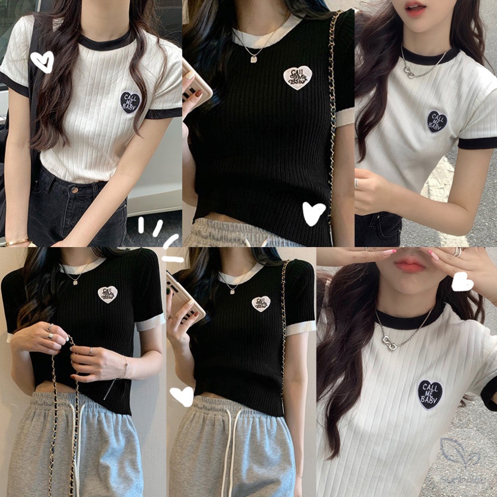 TA-38🖤 เสื้อครอปสีพื้นขาว-ดำ ครอปสไตล์เกาหลี แฟชั่นคอกลม สำหรับผู้หญิง 🖤SUNBALEE