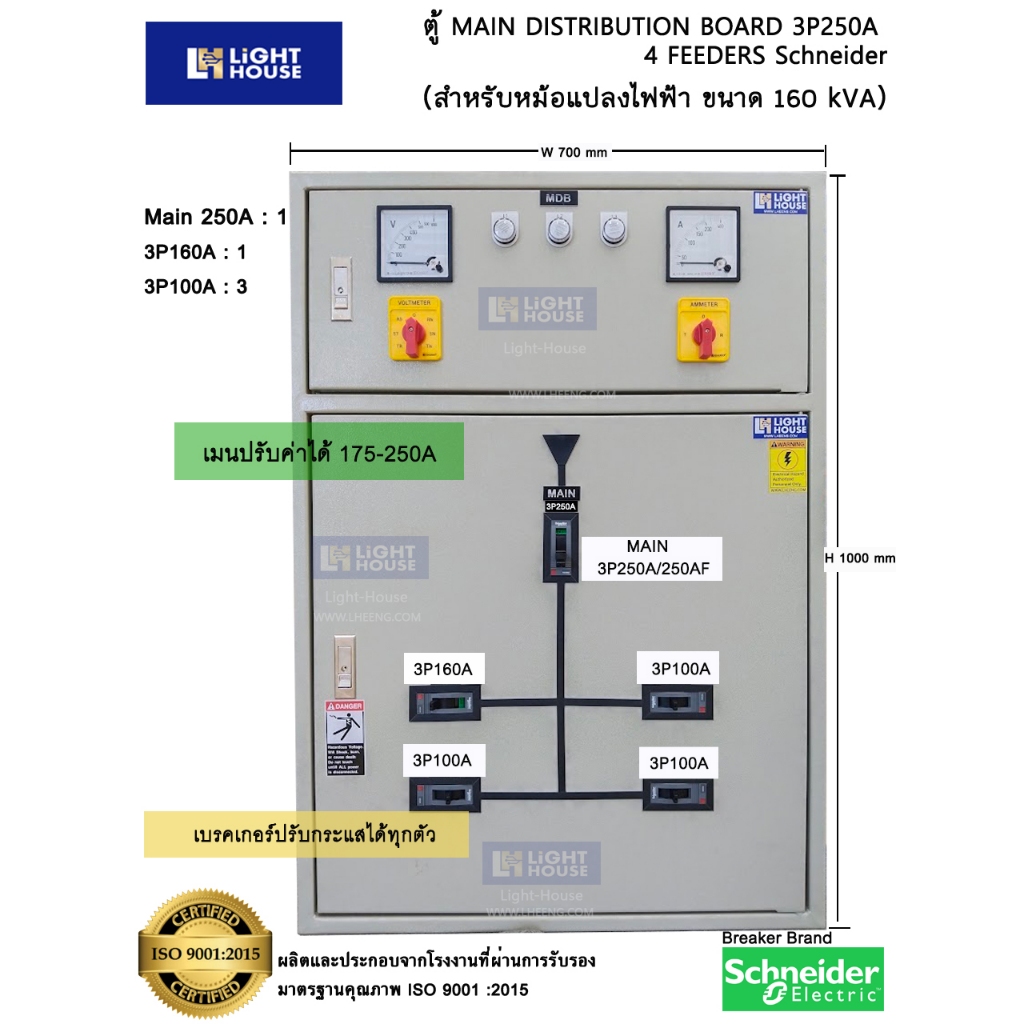 ตู้เมนใหญ่ MAIN 3P250A MDB ลูกย่อย 4 ตัว ตู้ควบคุมไฟฟ้าตู้สวิทซ์บอร์ด MDB  สำหรับหม้อแปลงขนาด 160 kV