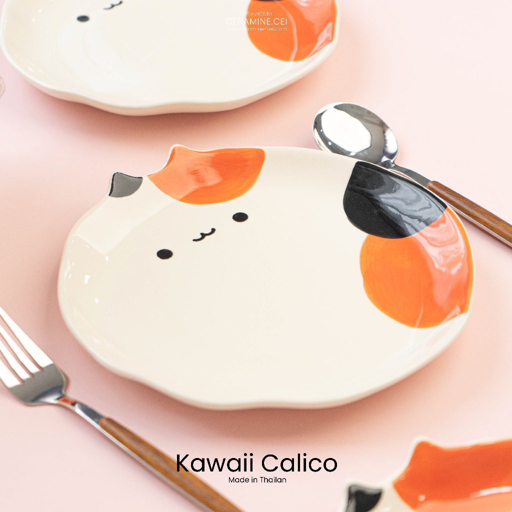 Kawaii Calico จานหูแมว ลายน่ารัก 8นิ้ว เนื้อดี จานใส่อาหาร จานใส่ขนม ของตกแต่งบ้าน Hand painted