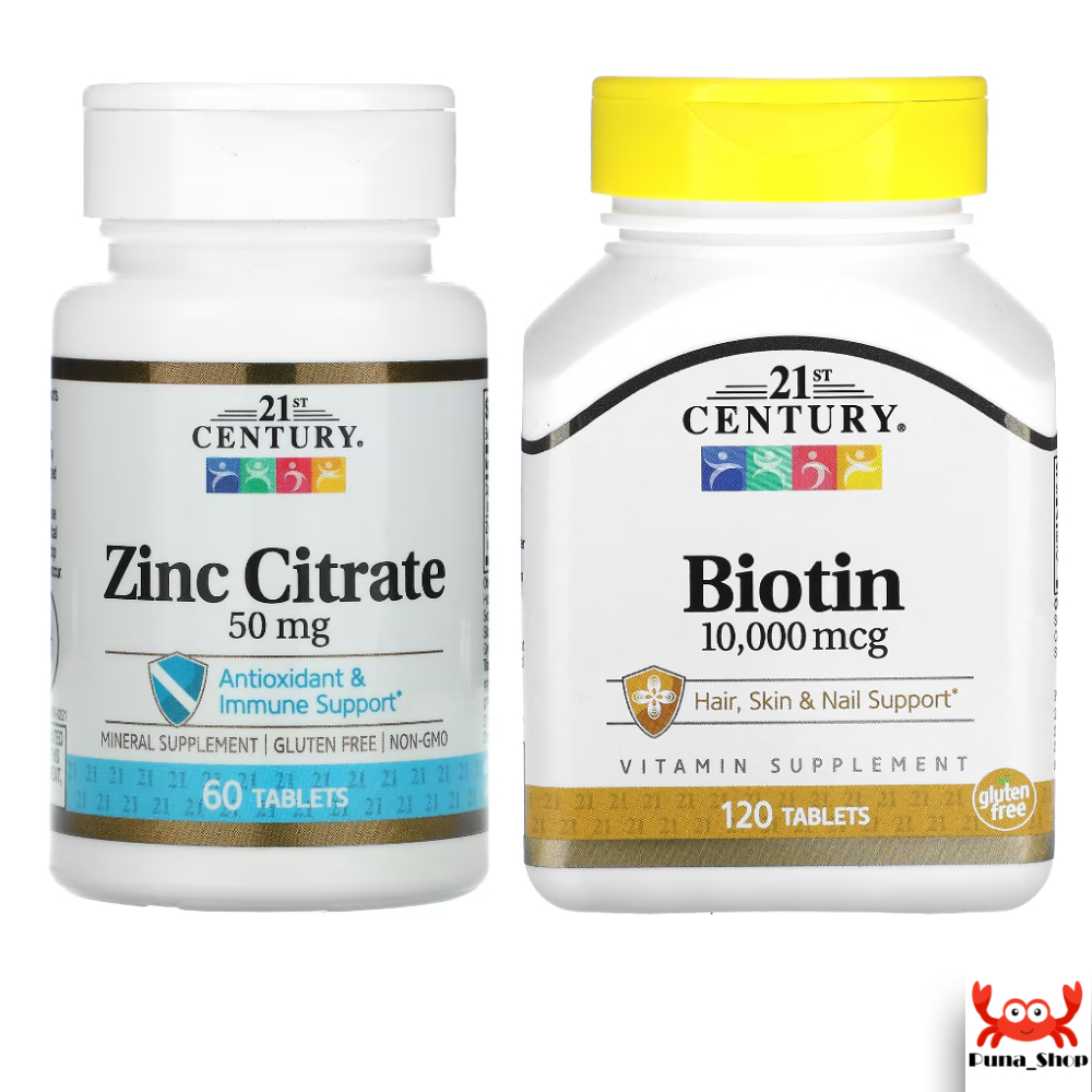 เซตคู่! คุ้มกว่า ไบโอติน+ซิงค์ 21st Century Biotin 10,000 mcg 120 Tablets+Zinc 21st Century, Zinc Citrate, 50 mg