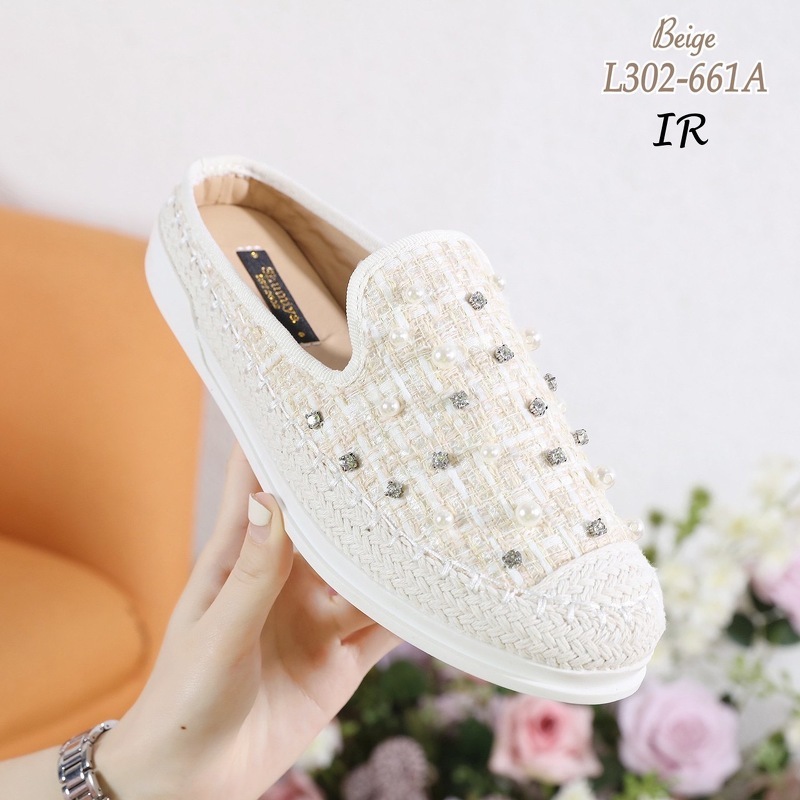 L302-661A รองเท้าเปิดส้นผ้าทวิตแต่ง อะไหล่ไข่มุกสลับเพชร