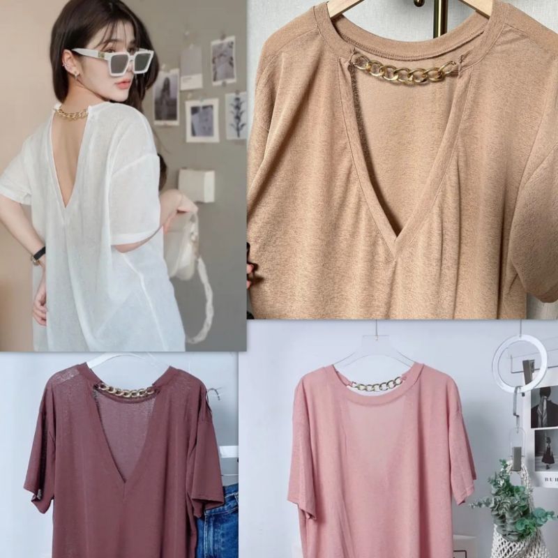 เสื้อคอกลมแขนสั้นเนื้อผ้าสลาฟแต่งโซ่ด้านหลังทรงสวยๆ