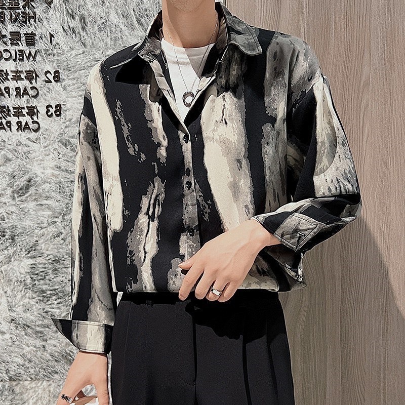 เสื้อเชิ้ตแขนยาว ลายดำเทาทั้งตัว สไตล์เกาหลี เชิ้ตโอเวอไซส์ ใส่ได้ทั้งชายและหญิง SL67