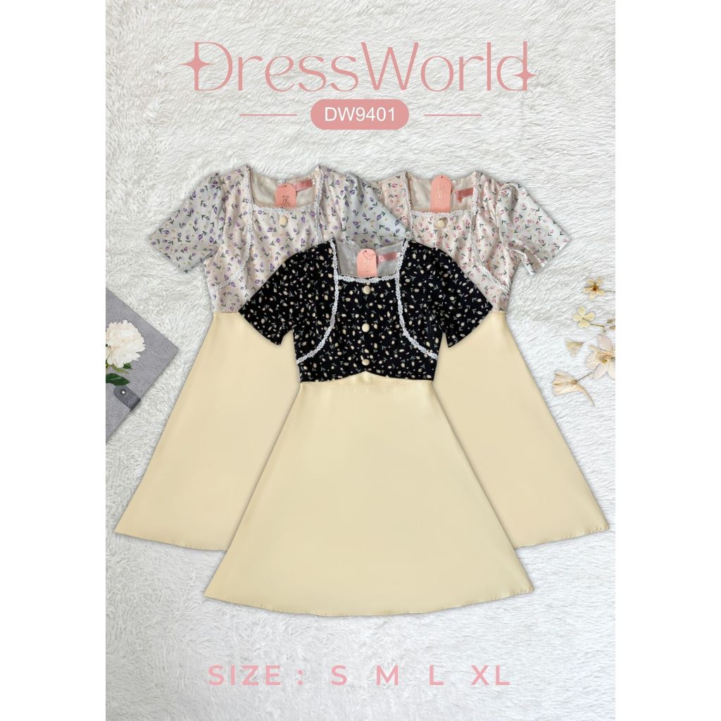 {S-XL} 9401 งานป้าย Dress World เดรสสั้น คอเหลี่ยม แต่งกั๊ก รุ่นนี้ไม่มีไม่ได้แล้วน๊าา