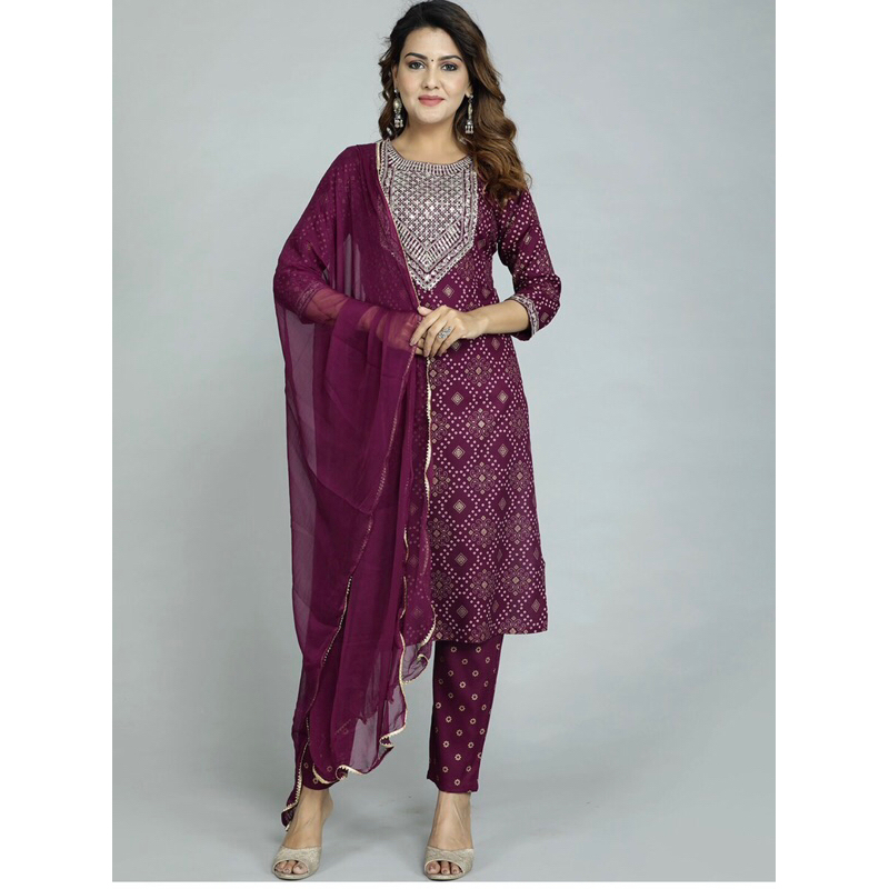 ชุดเซ็ทนำเข้าจากอินเดีย 3ชิ้นเสื้อกางเกง ผ้าคลุม Women Kurta with Trousers & With Dupatta