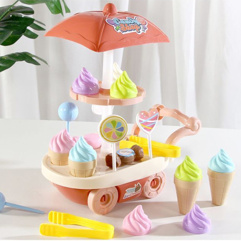 รถเข็นไอติมเด็ก ชุดรถเข็นไอศกรีมของเล่น รถเข็นขนมหวานขนาดเล็ก 28PCS