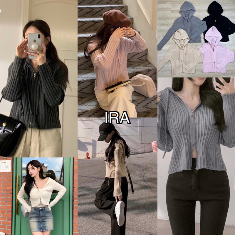 BY IRA ANNA Cardigan เสื้อแจ็กเก็ตคาร์ดิแกนกันหนาว ผ้าถัก มีฮู้ด แต่งซิปคู่ สไตล์เกาหลี สําหรับผู้หญิง