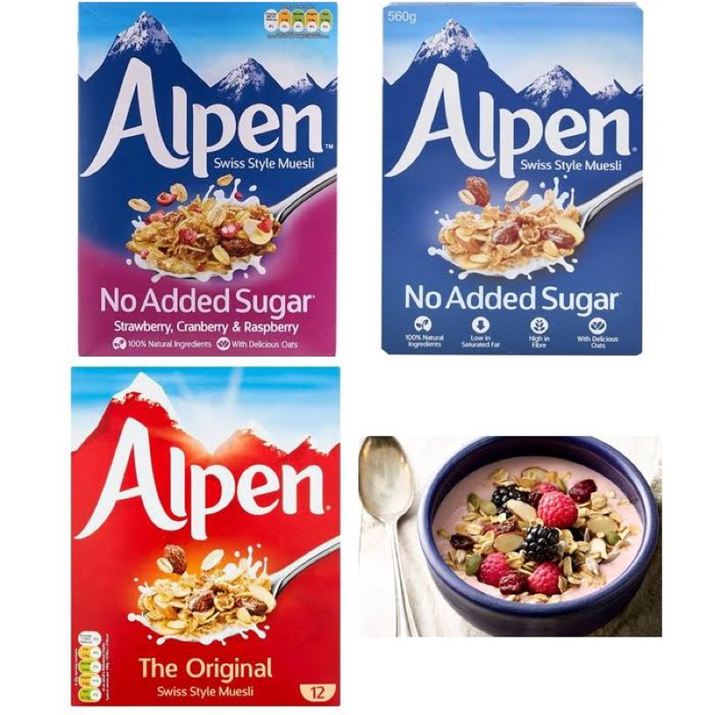 Alpen Muesli 560g. no sugar added มูสลี่ นำเข้าจากอังกฤษ🇬🇧 สูตรไม่เติมน้ำตาล ดั้งเดิม /บลุเบอรี่เชอร