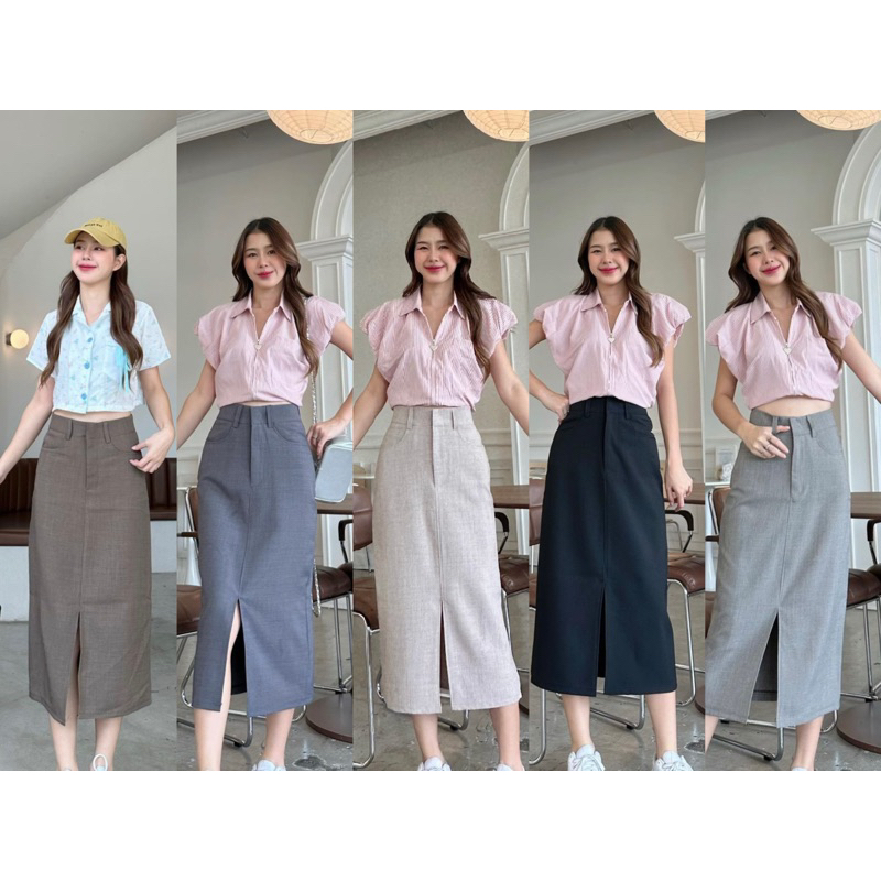 พร้อมส่ง กระโปรงเอวสูง(ผ่าหน้า)งานซิปหน้าตะขอ เนื้อผ้าสโนว์