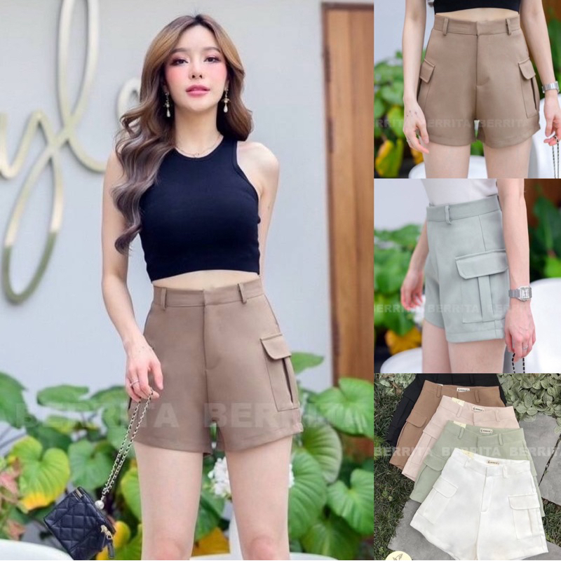 🔆KT66SHOP🔆กางเกงขาสั้น เอวสูง เนื้อผ้าไมโคร ทรงกระเป๋าคาร์โก้