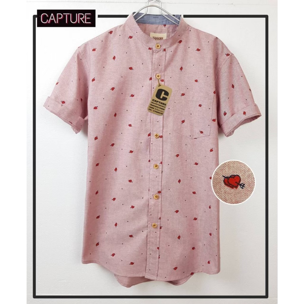 [S-4XL] เสื้อเชิ้ตผู้ชายคอจีนแขนสั้น ลายหัวใจคู่ สีชมพูปูน Men shirt CAPTURE BRAND