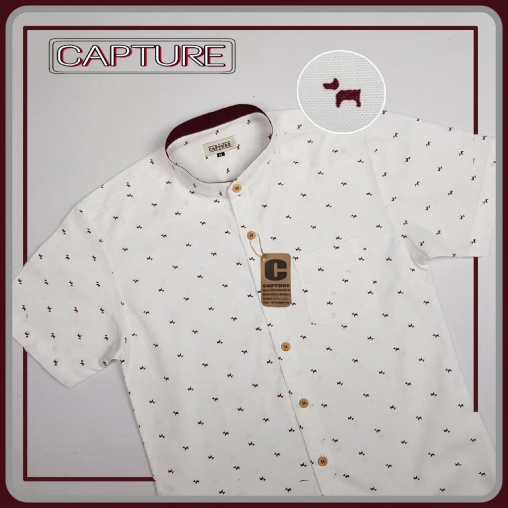 [S-4XL] เสื้อเชิ้ตผู้ชายคอจีนแขนสั้น ลายหมาจิ๋ว สีขาว Men shirt CAPTURE BRAND