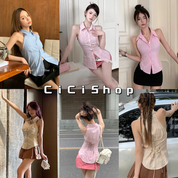 Cicishop(3166)เสื้อแขนกุดคอปก กระดุมหน้า ดีเทลเชือกผูกด้านหลัง เนื้อผ้าเบาบาง ไม่ร้อน สไตล์Y2K