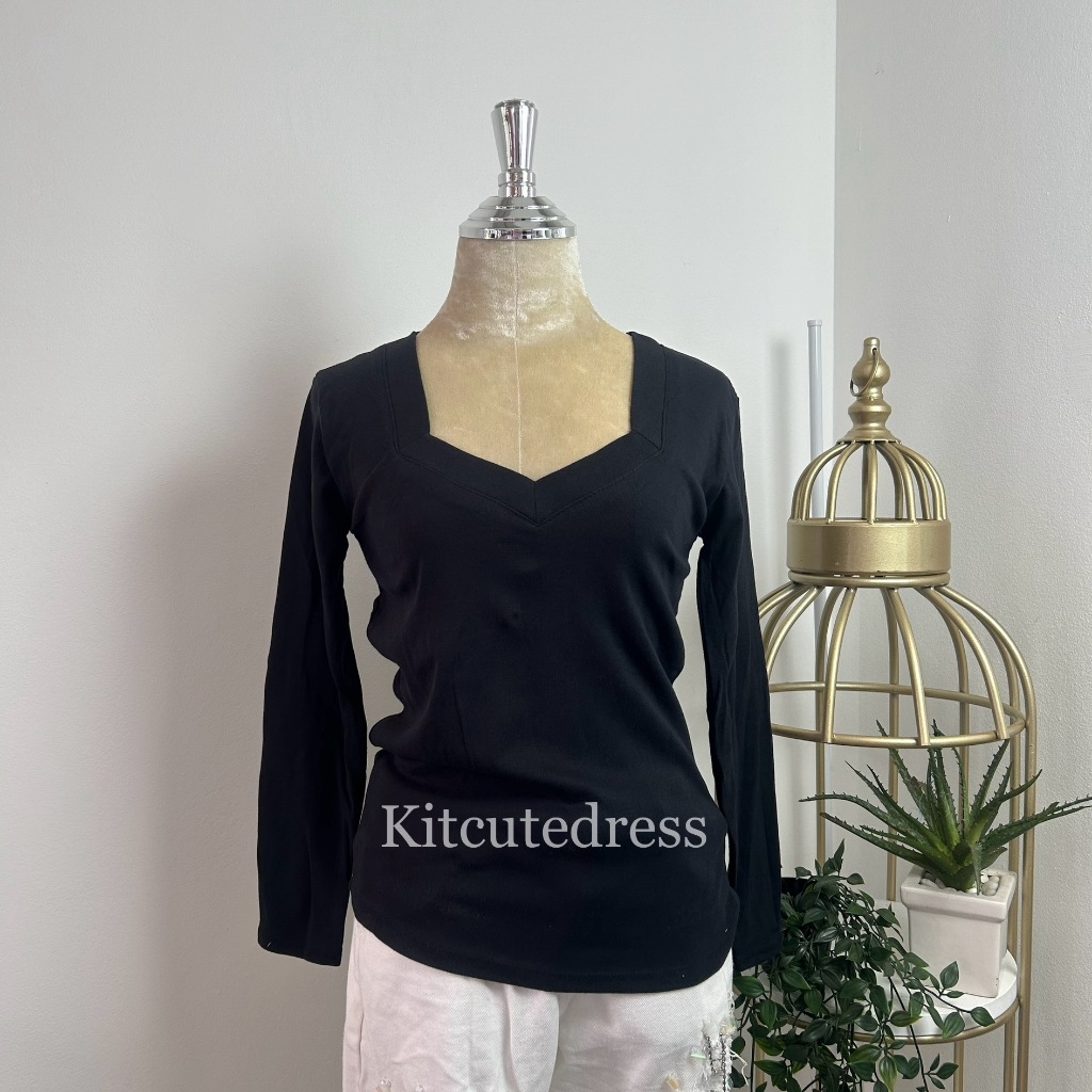 เสื้อยืดผู้หญิงแขนยาว คอห้าเหลี่ยม อก30-38 ผ้าคอตตอนยืด KIT042