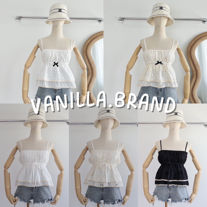 เสื้อสายเดี่ยว ผ้าปักฉลุ แต่งจั๊มเอวชาย2ชั้น -kn / VB0167