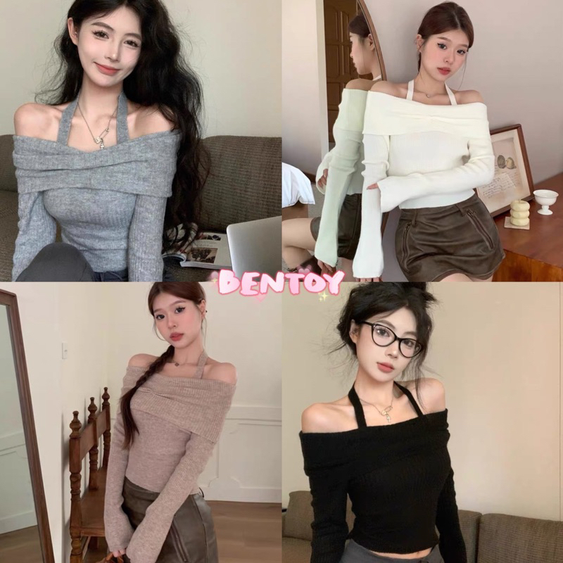 bentoy(98117-12)เสื้อยืดไหมพรมแขนยาว ปาดไหล่ ดีเทลสายห้อยคอ ผ้านิ่มใส่สบาย