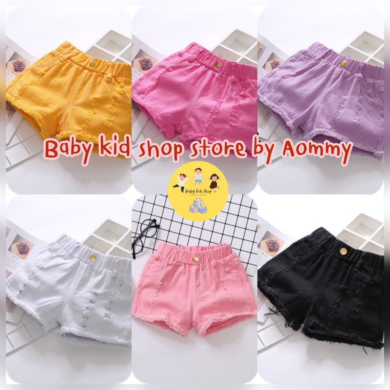 (พร้อมส่ง) กางเกงเด็กผู้หญิงขาสั้น แต่งรอยขาด เนื้อนิ่ม แฟชั่นเกาหลีสีสันสดใส อินเทรนสุดๆ  เหมาะกับหน้าร้อนแบบนี้