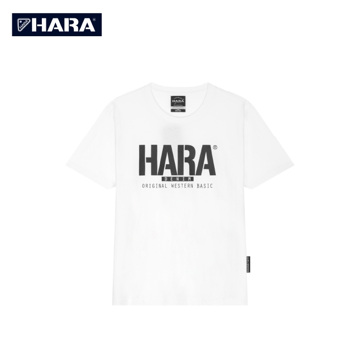 Hara เสื้อยืด Hara Classic สกรีนลายป้ายหนัง สีขาว รุ่น HMTS-900424 (เลือกไซส์ได้)