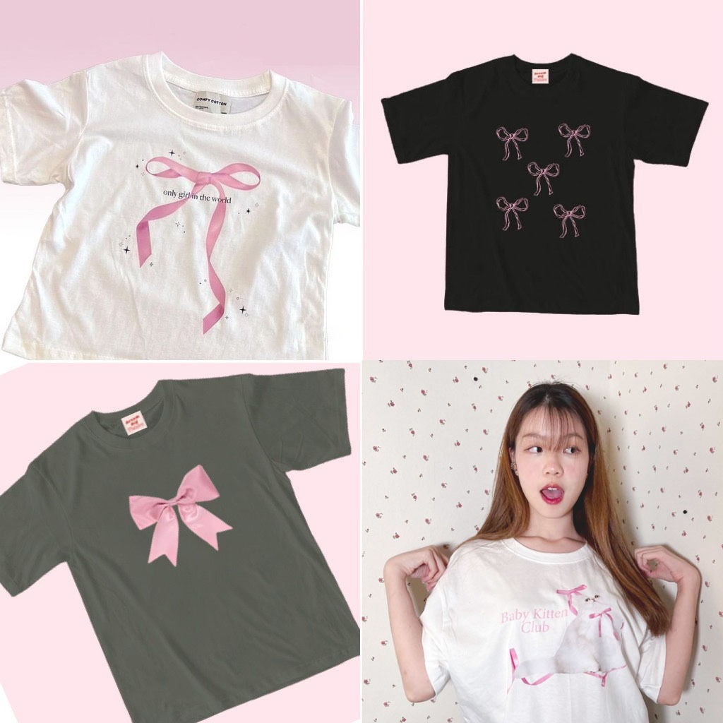 Live355# เสื้อยืด Cotton S-XXL งานโบว์ งานกระต่าย พร้อมส่ง ผ้านุ่ม ไม่บาง ใส่สบาย สไตล์เกาหลีมาเเรง เเฟชั่นผู้หญิง สาวอว