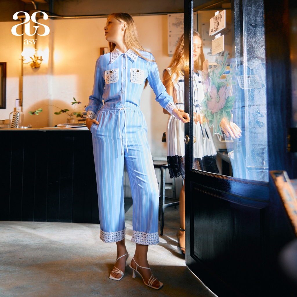 [asv aw23] Icy Striped Pants กางเกงผู้หญิง ทรงตรง ขายาว เอวยางยืด แต่งชายลูกไม้ ผ้าลายทาง