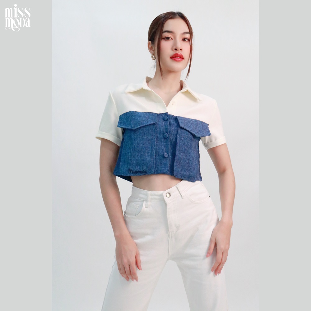 Missmoda รุ่นMC-234TS013 เสื้อเชิ้ตดีไซน์ตัดต่อผ้าทวีต แต่งกระเป๋าคู่ ปักโลโก้ เสื้อผู้หญิงแบรนด์ (เฉพาะเสื้อ)