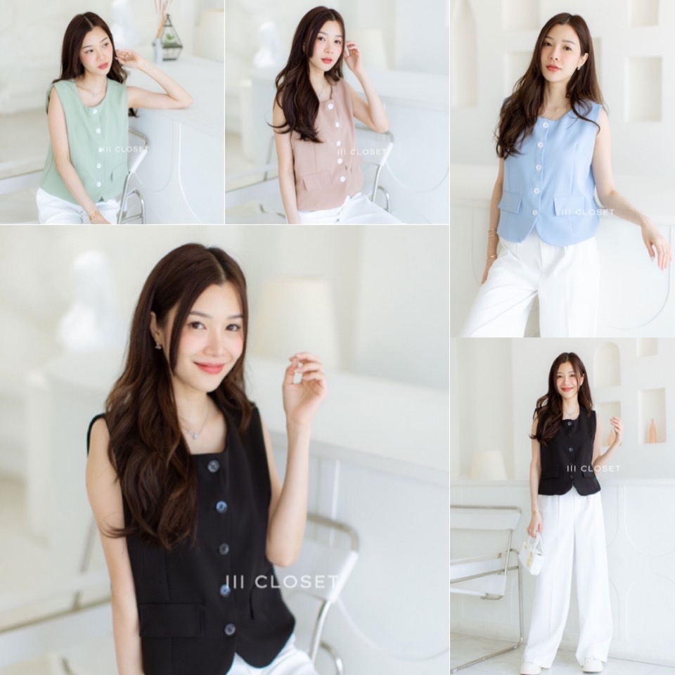 เสื้อกั๊ก III Freesize III ZO079 Shirt Minimal เสื้อกั๊ก แขนกุด กระดุมหน้า แต่งฝากระเป๋า สไตล์มินิมอล เนื้อผ้า เปเป้