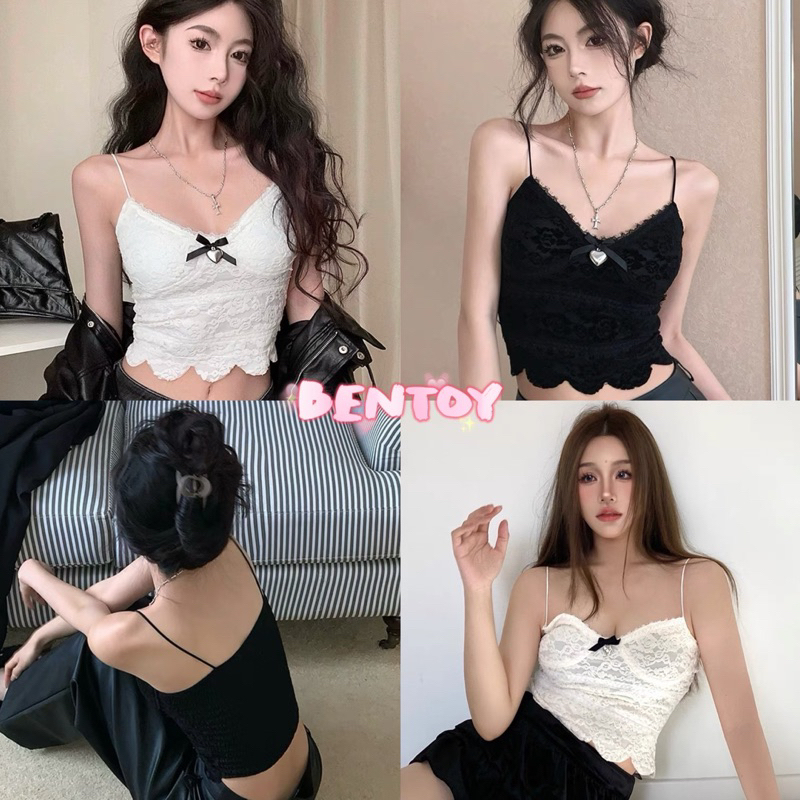 bentoy(bratop2218)เสื้อสายเดี่ยวลูกไม้ สม็อคหลัง รัดรูป แต่งโบว์เล็กๆตรงหน้าอก ใส่สวยมาก