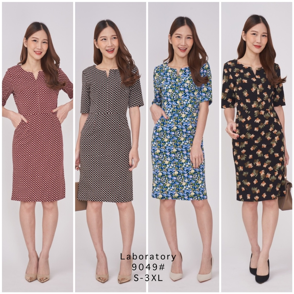 *Laboratory* เดรส 9049# เดรสคอกลมแต่งวี แขนสามส่วน ผ้าพิมพ์ลายอัดผ้ากาว