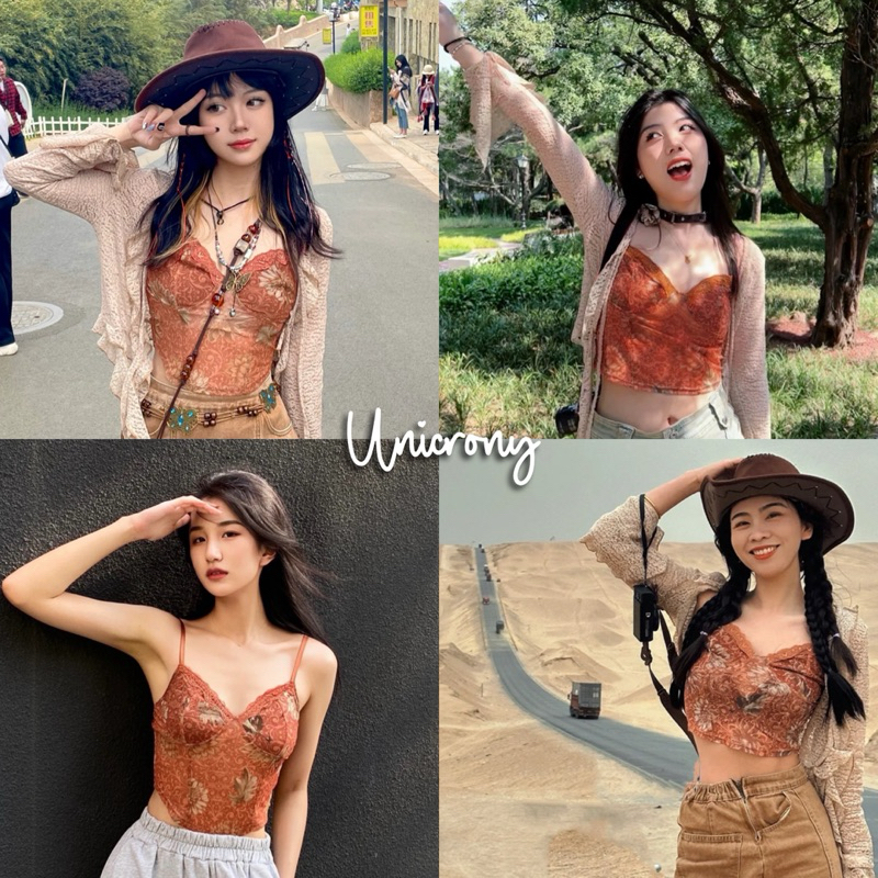 Unicrony พร้อมส่ง สายเดี่ยว แต่งลูกไม้สีน้ำตาล สไตล์โบฮีเมียน
