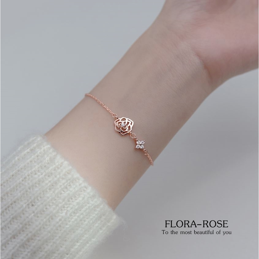 สร้อยข้อมือเงินแท้ 92.5% Flora-rose B-33 ดอกกุหลาบ สีเงินและสีโรสโกลด์ ขนาดความยาว 16+3.5 cm