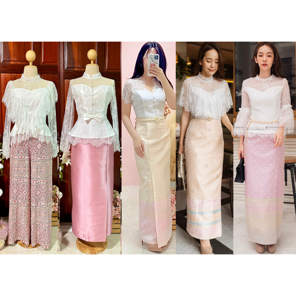 ผ้าถุงสำเร็จ ผ้าทอลายไทย  สีทอง/สีครีม/สีม่วง/เทา🌷S-XXL